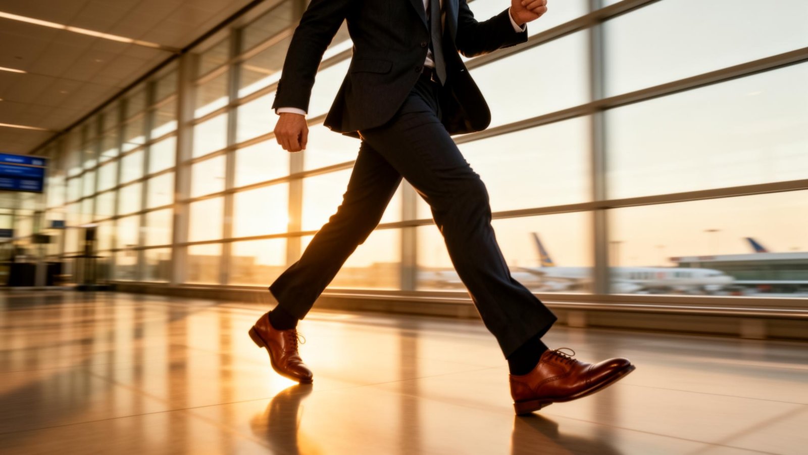 A traveller in motion through a sunlit terminal